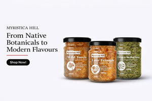 Three jars of Myristica Hill products on a white background with text and call-to-action.