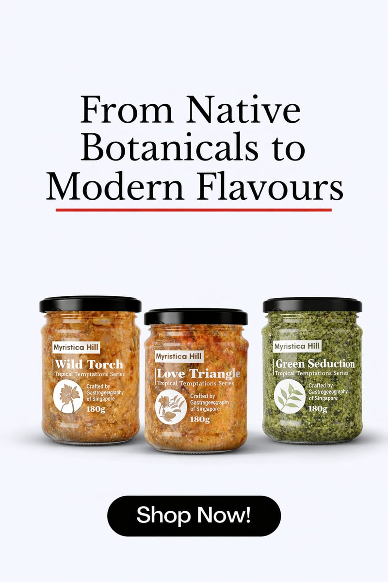 Three jars of Mystique Hill products with text 'From Native Botanicals to Modern Flavours' and 'Shop Now!' button on a white background.